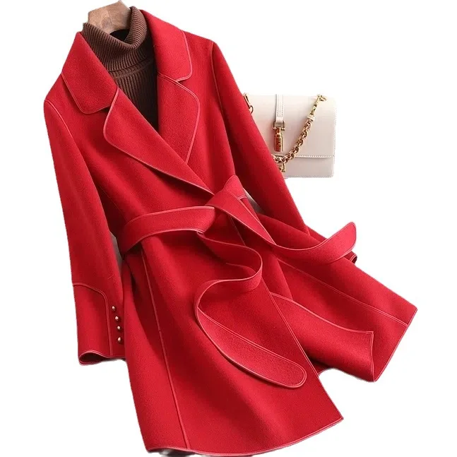 Herfst Winter Nieuwe Sle Wollen Jas Lente Herfst Middellange Losse Dames Faion Bovenkleding Zijden Gebreide Muts Bevestigd