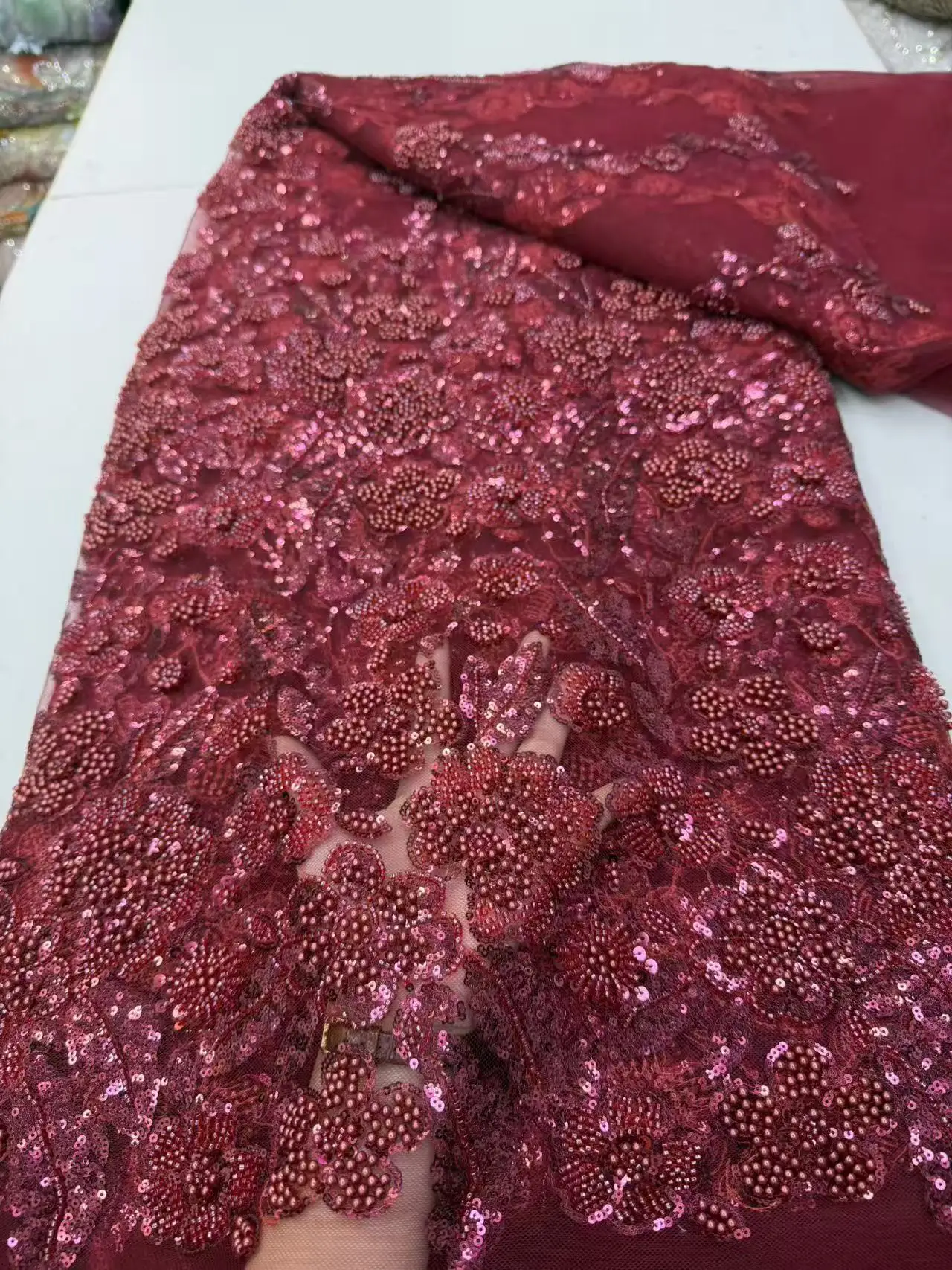 

African Lace Fabric 2026 French 3D Flower Red Sequins Embroidery Beads Tulle 1 Yards High Quality for Party Dress M509-1