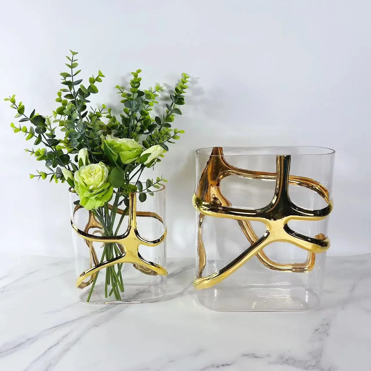 Clear Glass Vase Gold Edge Geometric Patterns of Gold Tracing Terrarium Hydroponic Flower Arrangement Flower Vase Home Decor