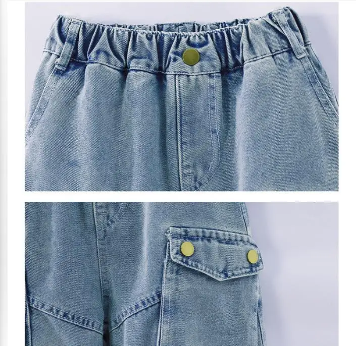 Kids Casual Cargo Jeans With Multi Pocket Preppy Loose Style Teenage Girls Denim Pants High Fashion Child Trousers Sweatpants