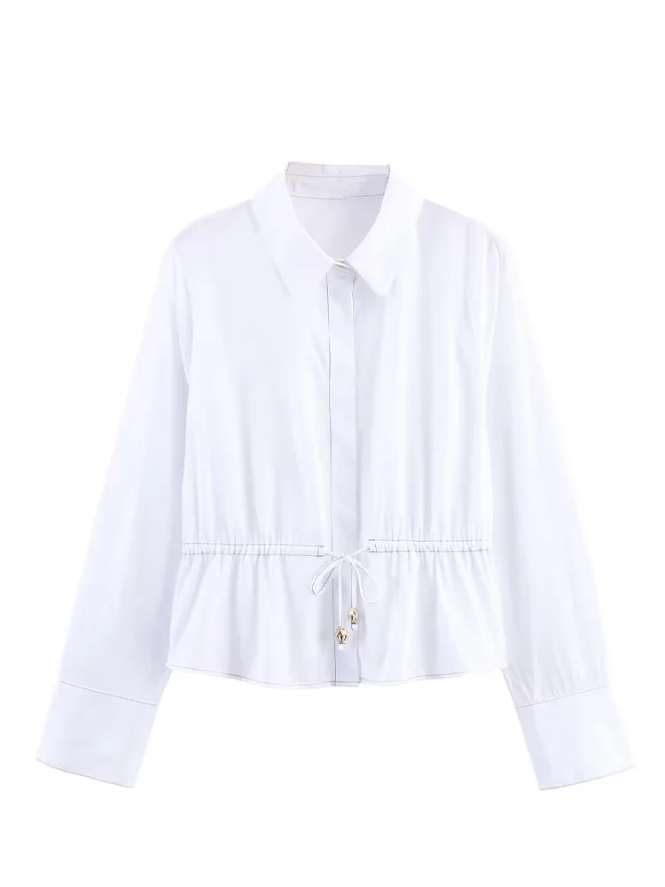 

HH женская модная универсальная однотонная рубашка из поплина с отделкой, женская однобортная рубашка с длинными рукавами и завязками на талии Mujer