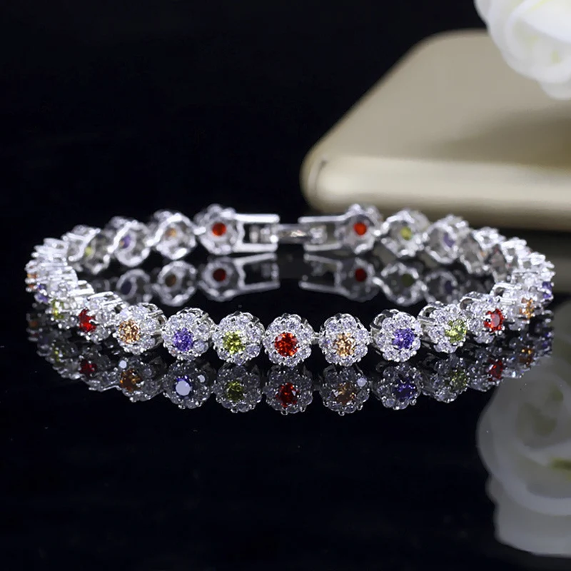 ThreeGraces Elegant Multicolor Cubic Zirconia White Gold Color Fashion Flower Link Chain Bracelet for Women Party Jewelry BR382