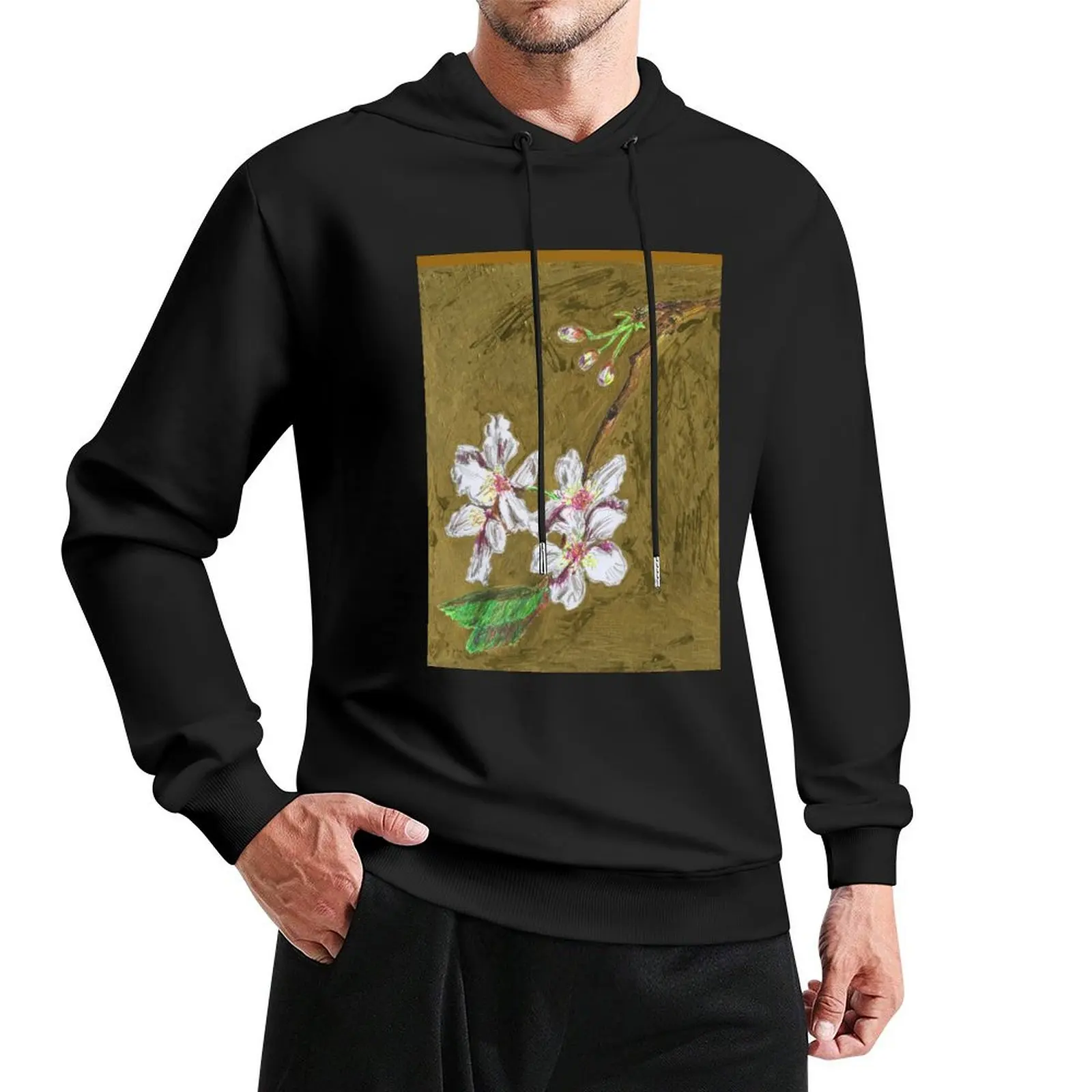 Ephemeral White Cherry Blossom on Gold Pullover Hoodie men's clothes graphic t shirts men blouse men's clothing new hooded tee