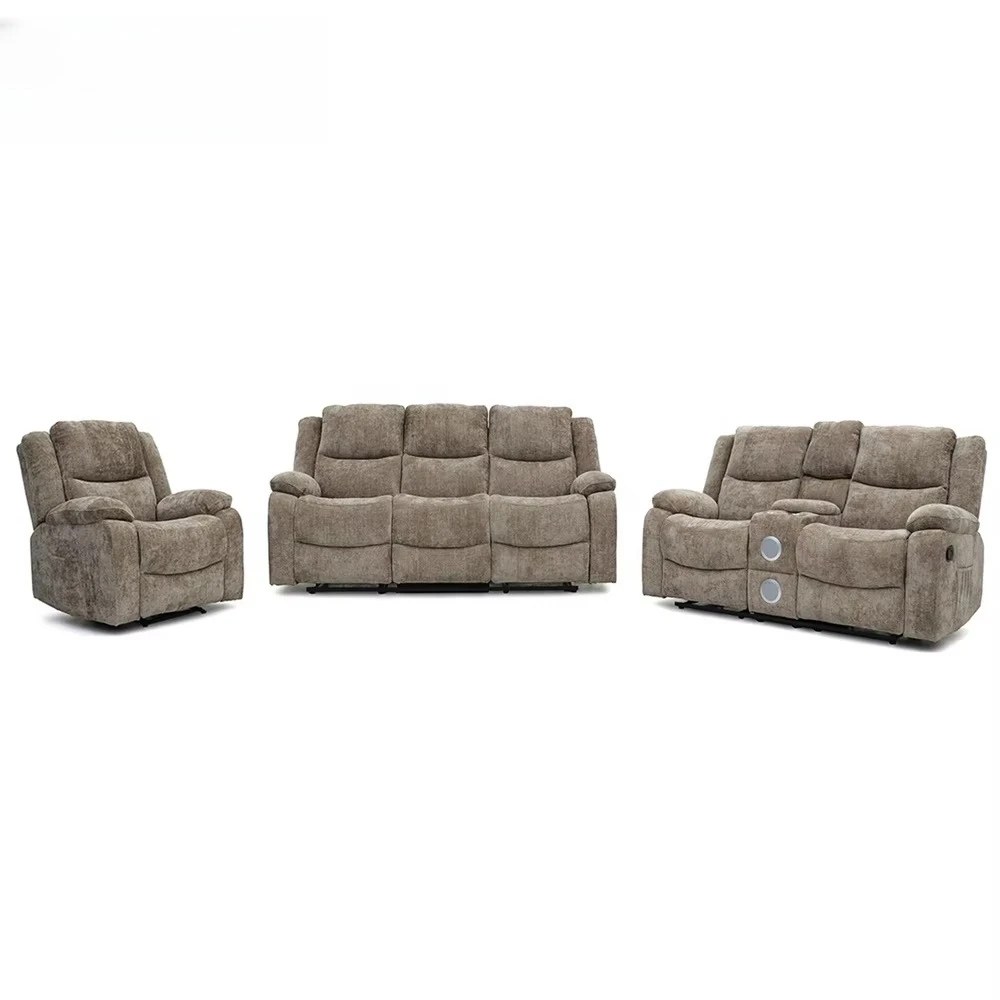 Furniture Modern Fabric Manual Motion Recliner Sofa Set 3 2 1 with Console & Bluetooth Speaker for Living Room