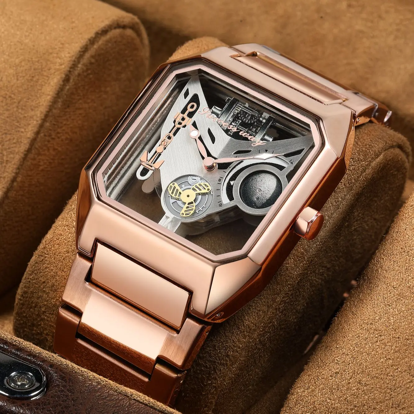 2023 New Watches Square Unique Sport Mens Transparent Dial Watches Quartz Clock Hollow Man Watches Wristwatch Relogio Masculino