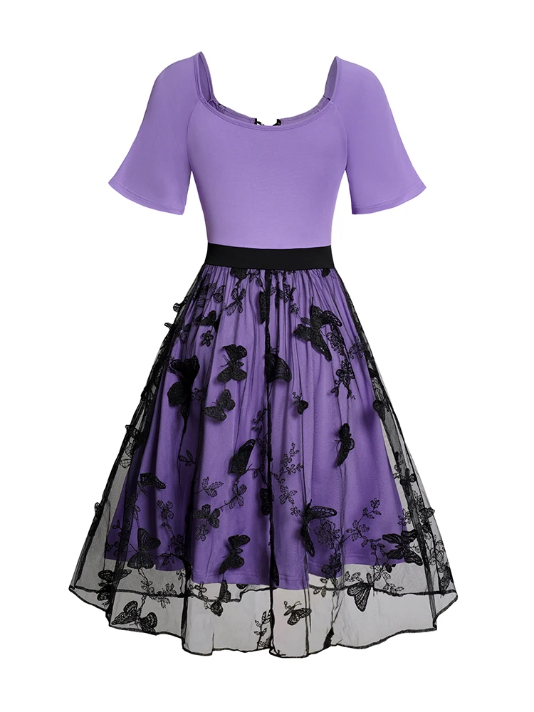 Women Summer Dresses Butterfly Lace Patchwork Grommet Strap Lace Up Dress Mesh Overlay Short Sleeve Dress 2024 New image 2