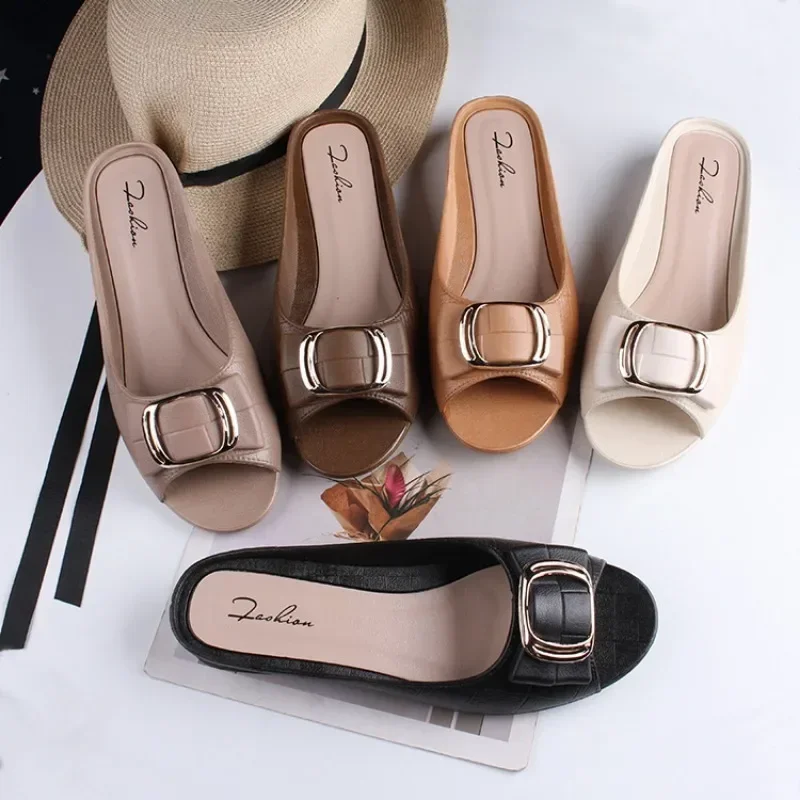 New Women's Summer Half Slippers Fashion Square Buckle Casual Thick Heel Outer Wear Flat Daily Sandals