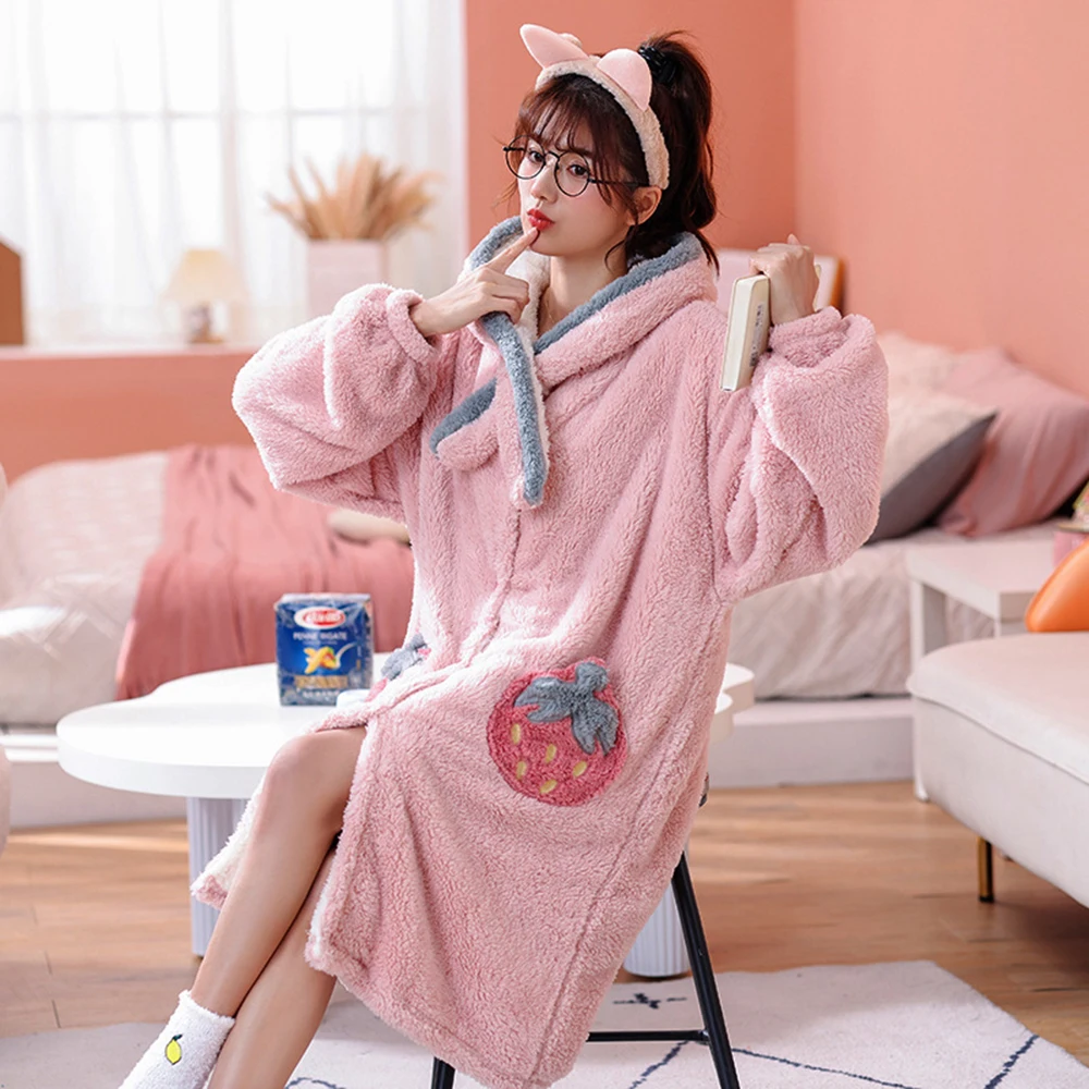 Winter Long Sleeve Thick Warm Flannel Nightgowns for Women Pink Strawberry Sweet Cute Coral Velvet Sleepwear Nightdress Nighty