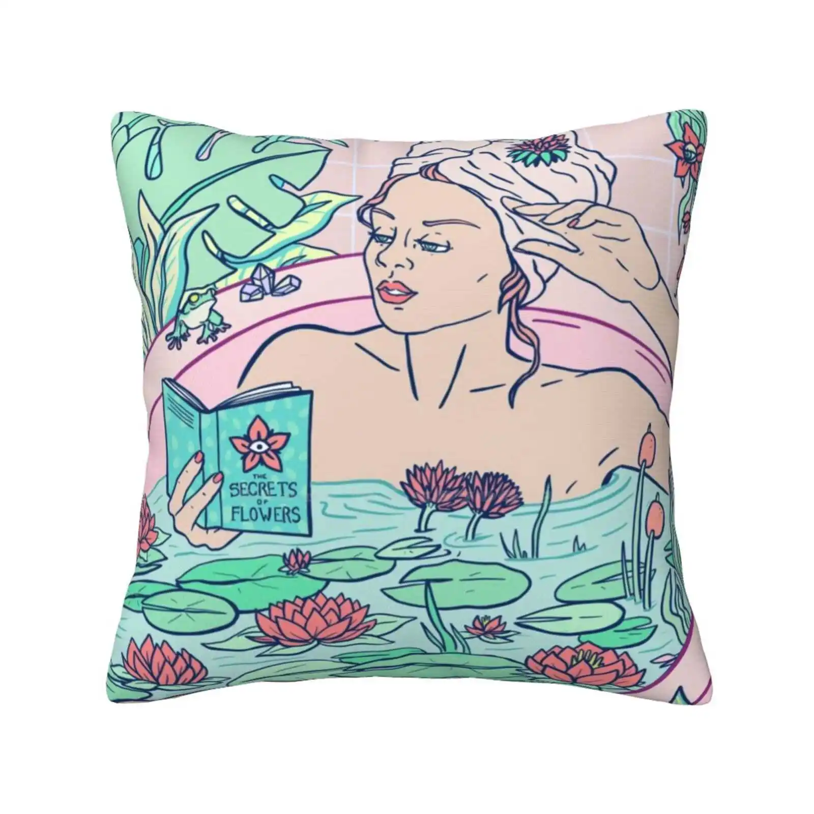 Secrets Of Flowers Bath Pillow Cover Hug Pillowcase Selfcare Self Love Self Care Woman In Bathroom Nature Plants Lily Pond Lily