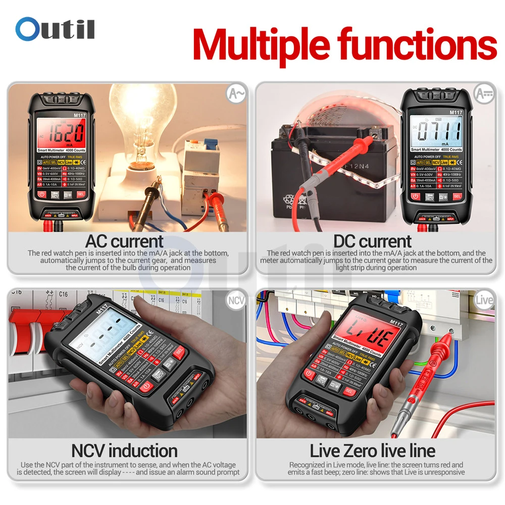 Smart Digital Multimeter DC AC 4000 Count True RMS Auto Capacitance Meter Burn Prevention NCV Temp Resistance Transistor Tester