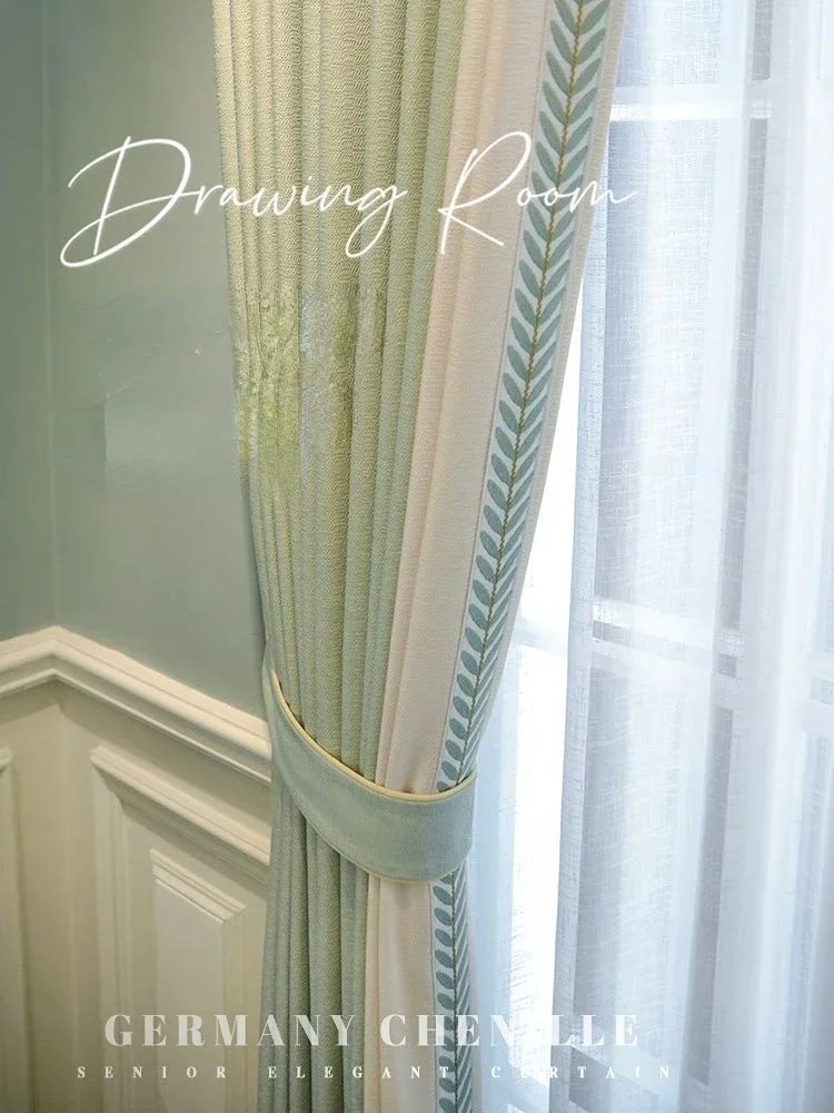 Simple American Luxury Curtains for Living Room Bedroom Modern Blackout High-end Noble Villa Green Splicing Custom Size