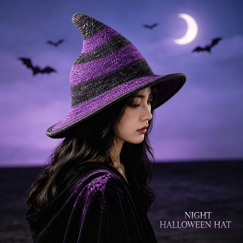 Halloween Themed Ladies Witch Hat Foldable Knitted Wide Brim Wizard Cap Ornamental Headwear for Makeup Costume Occasions
