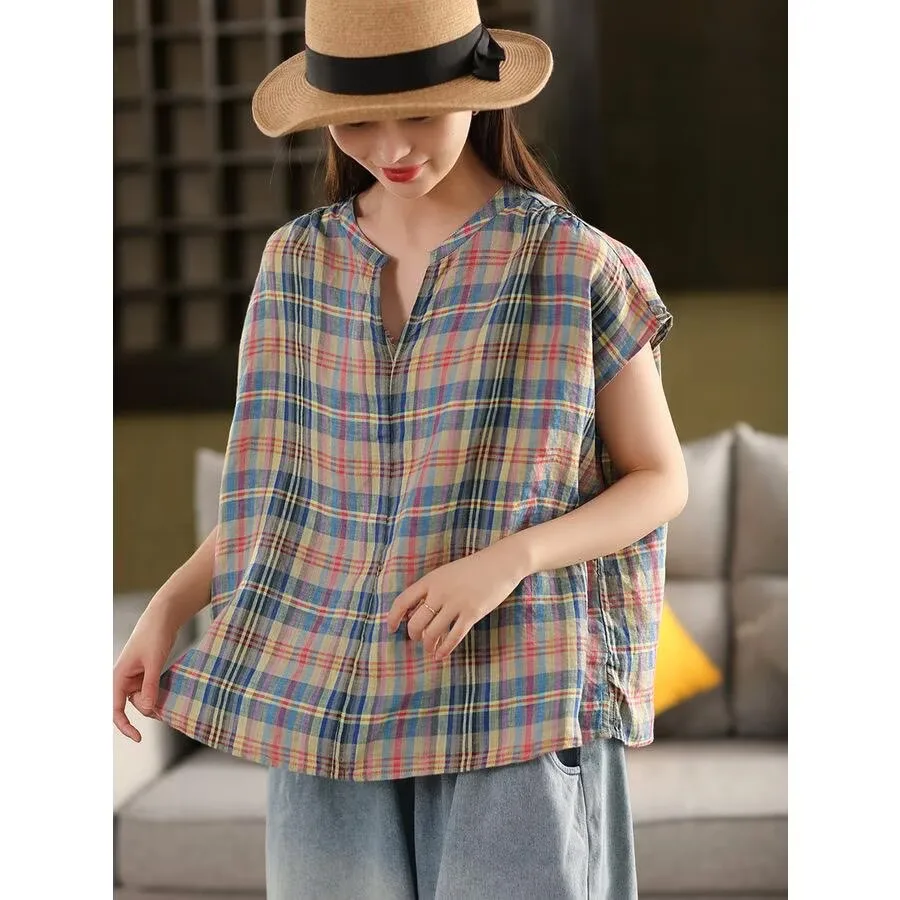 Womens Cotton and Linen T-shirt Lattice Top
