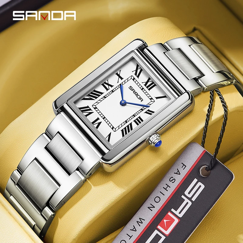 SANDA 1108 9031 Men Women Couple Quartz Watch Roman Numeral Fashion Square Stainless Steel Waterproof Wristwatch Lovers Watches