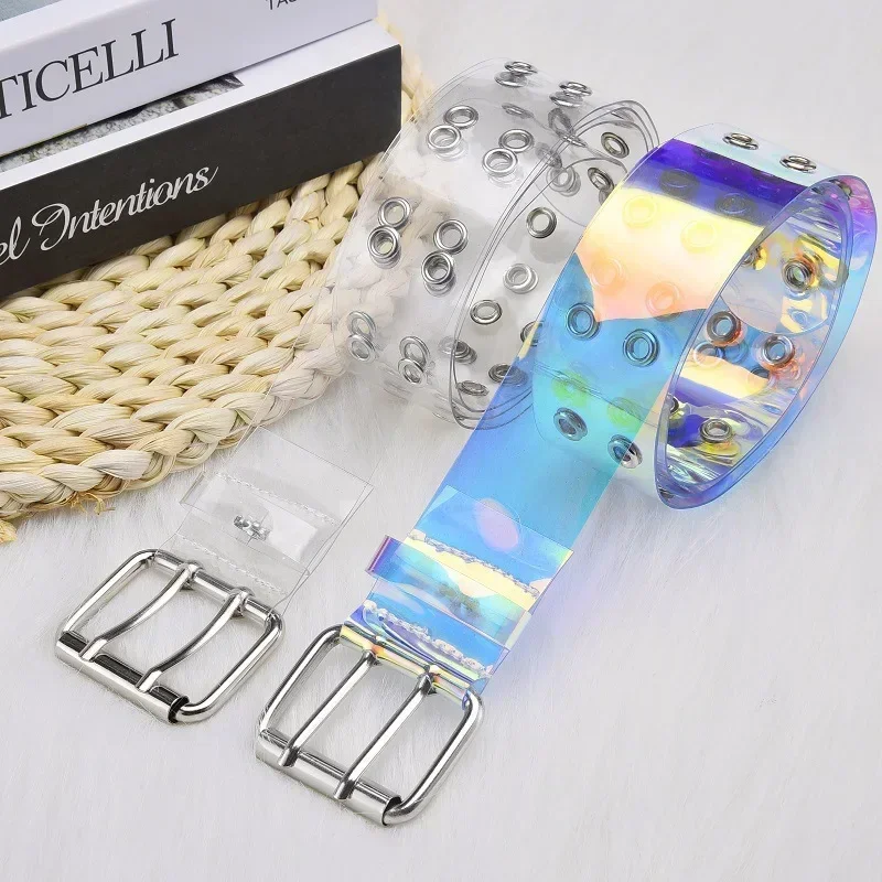 Women Summer Transparent PVC Belt Two Rows Multi Hole Waistband Laser Square Pin Buckle Invisible Fashion Belt Creative Gift
