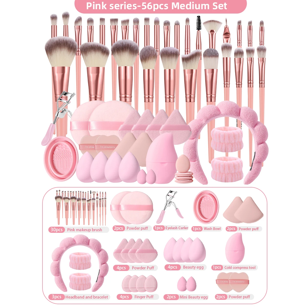 56PCS Pink Series All-in-One Makeup Tools Medium Set, 30Pcs Professional Makeup Brushes, Multi-Size Makeup Sponges, Assorted Powder Puffs, Eyelash Curler, Wash Bowl, Headband, Wristbands & Cold Compress Tool for Full Daily Makeup, Starters and Gifting