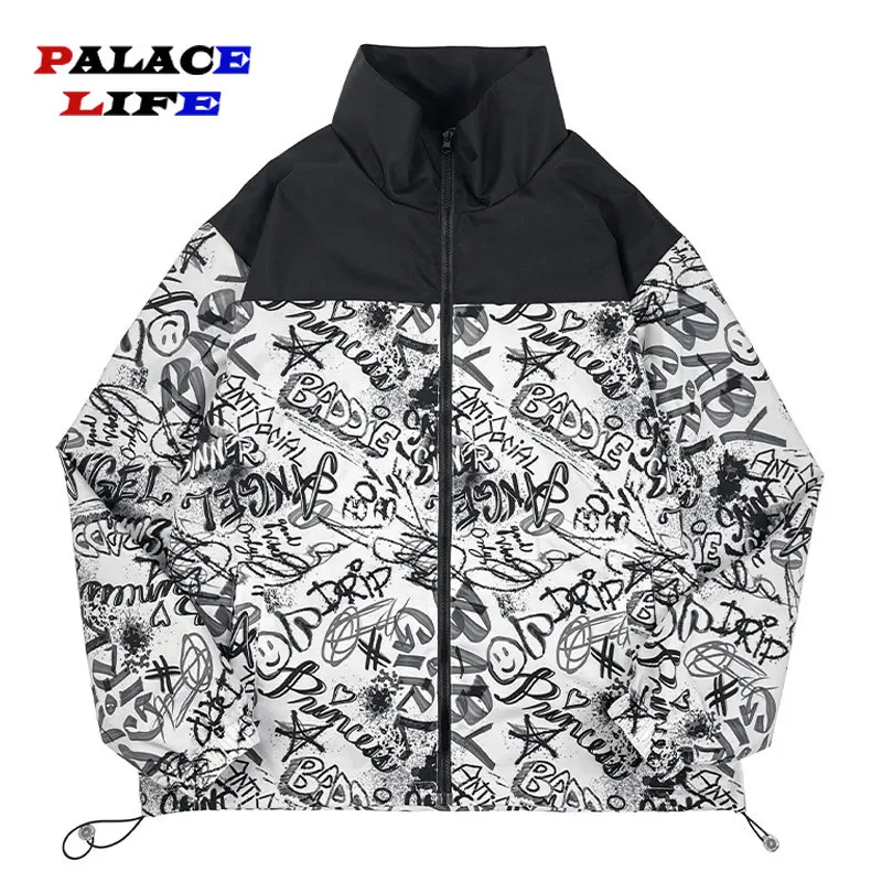 

High Street Patchwork Print Jacket Men Full Graffiti Graffiti Sports Jackets Couple Overiszed Casual Loose Coats Spring Outwear