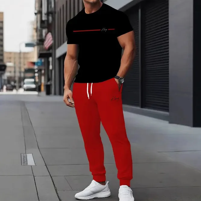 2025 Summer Mens Short Sleeve  Long Pants Set  Casual Fashion Minimalist Trendy 3D Printed T Shirt Outfit