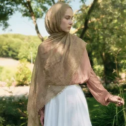 Women Crinkle Hijab Muslim Scarf Cotton Tassel Shawl Plain Wrinkle Scarves Thin Solid Headband Woman Lightweight Wrap 175*70cm