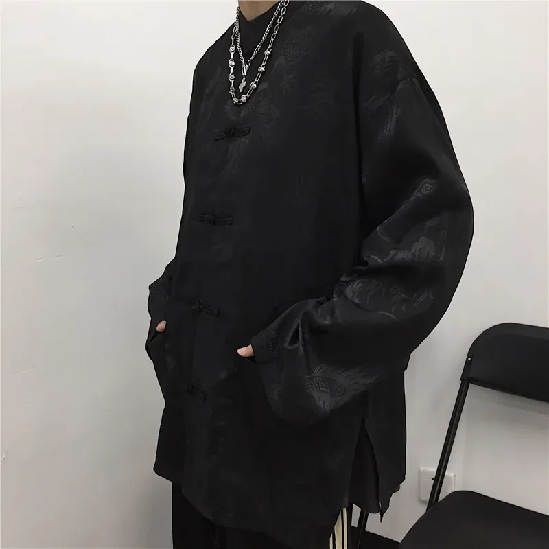 Women Man Blouse Dragon Print Harajuku Streetwear Chinese Style Stand Collar Buckle Vintage Black White Shirt Blusas