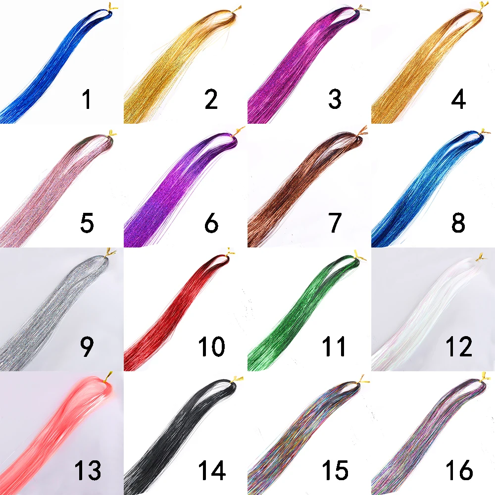 110cm Colorful Shiny Threads Glitter Hair Tinsel Kit Gold Purple Blue Silk Hair Glitter String Extensions Accessories for Women