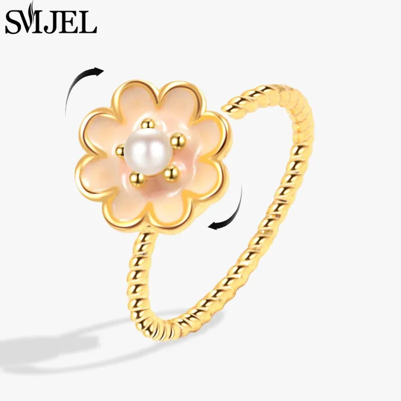 SMJEL Luxuriöse Kristall-Angstlöse-Drehringe für Frauen, niedlicher Sakura-Gänseblümchen-Rosen-Blumen-Drehring, Anti-Stress-Geschenk