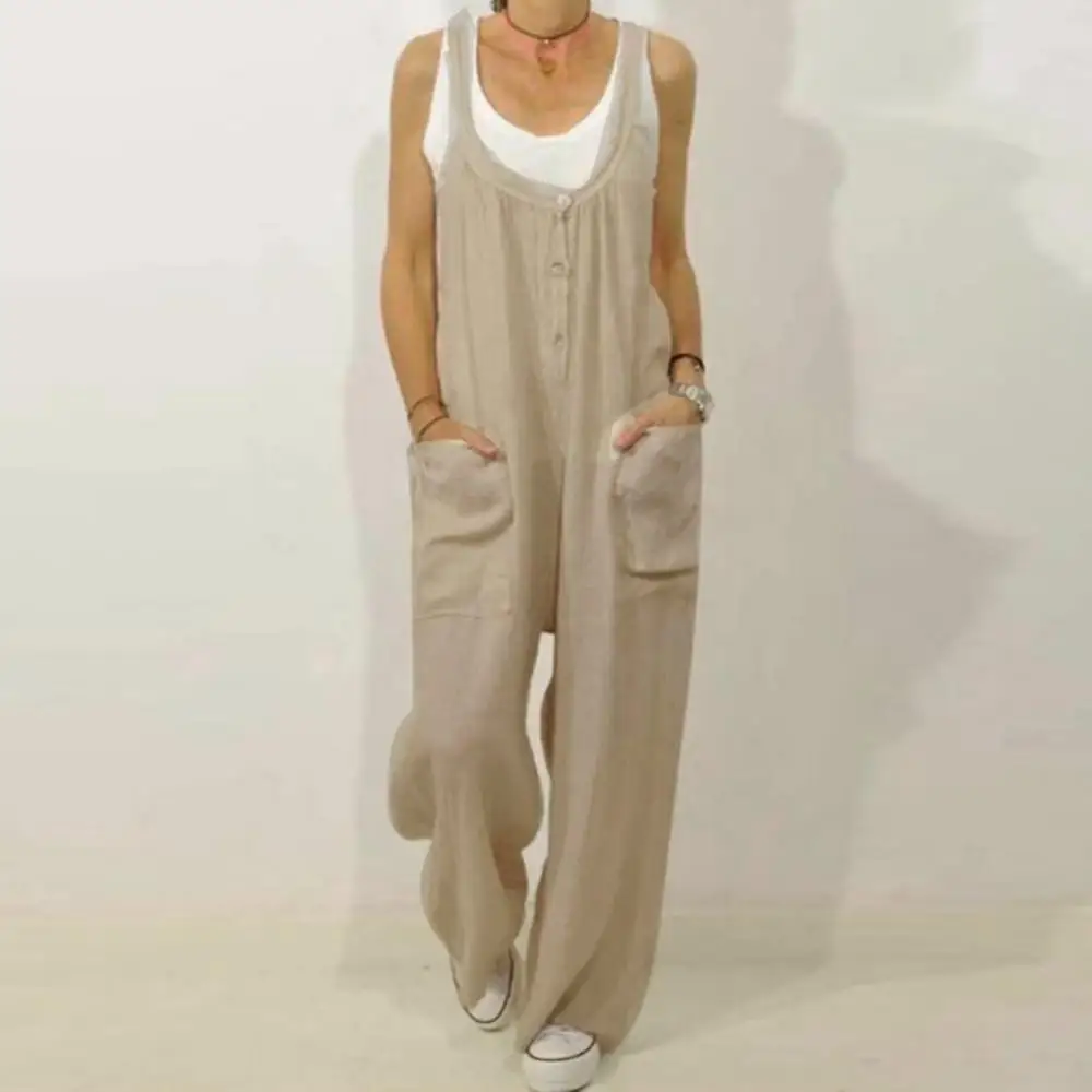 

Overall Pockets Dungarees Solid Color Jumpsuit Women Buttons Cotton Linen Bib Dungarees