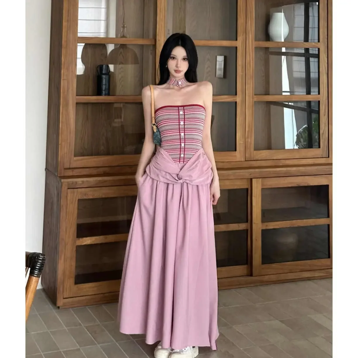 

Striped Color-blocked Contrasting Color One-shoulder Sleeveless Dress for Women, New Summer 2026 Long Dress