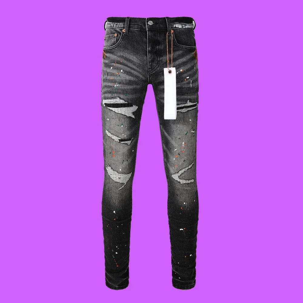 Purple roca Jeans brand black Spill Bleach Paint Mid Rise Slim Softener Denim Distressed Snow Wash Drop pants