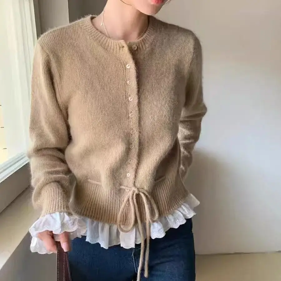 Lace patchwork Lace Up Sweater Korean Sweet Fake Two-piece O-neck Top Spring Autumn New Long Sleeved Knitted Cardigan For Women