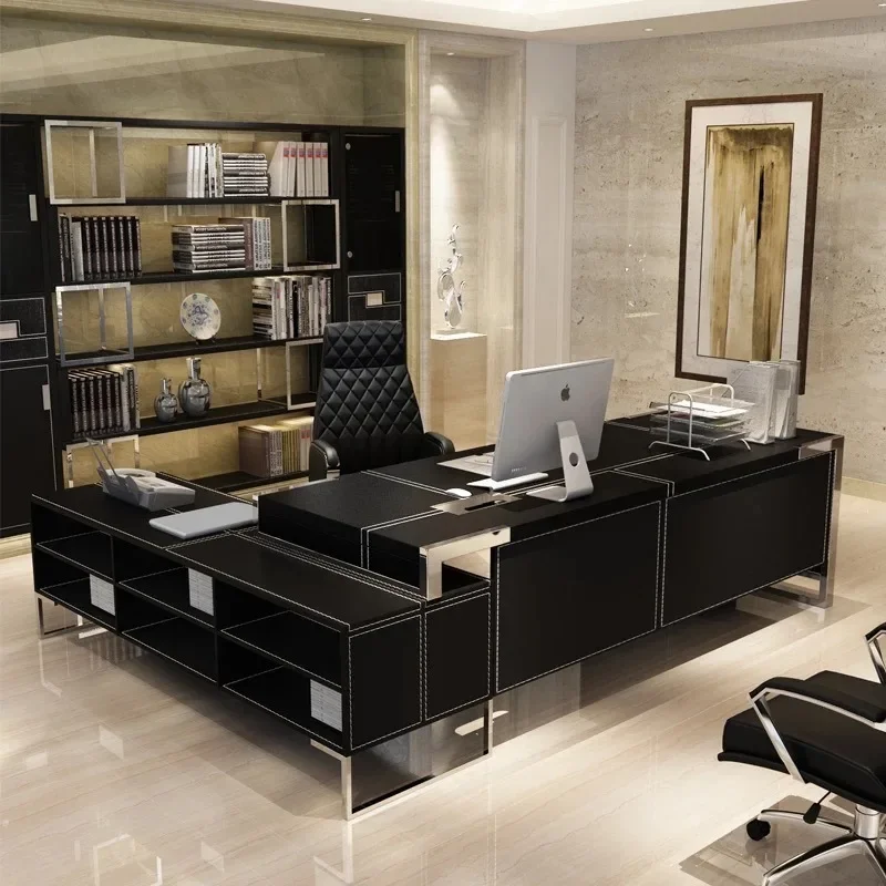Designer Executive Luxury Desk Manager Leather Modern Black Computer Table Organizer Workstation Escritorio Office Furniture