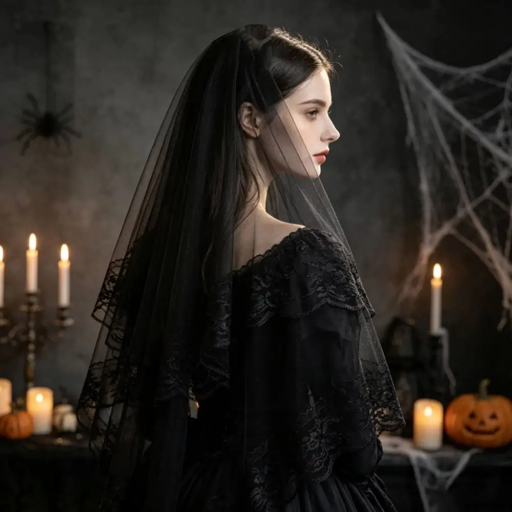 Gothic Two-Tier Lace Veil Black Floral Lace Trim Tulle Veil Lace Edge Head Veil For Halloween Cosplay