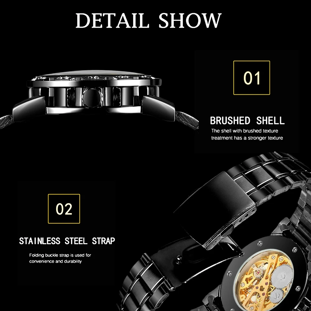 T-WINNER แฟชั่นลำลองบุรุษนาฬิกาโครงกระดูกกลไกแกะสลักหรูหราไรน์สโตนตัวชี้ส่องสว่างคูลแบล็คแมนนาฬิกาข้อมือ