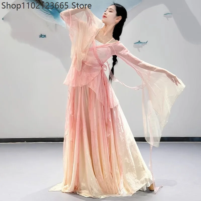 Cosplay Chinese-style Ethnic Dance Performance Practice Wear Women's Ethereal Long Dress Set Traditional Stage Performance Hanfu