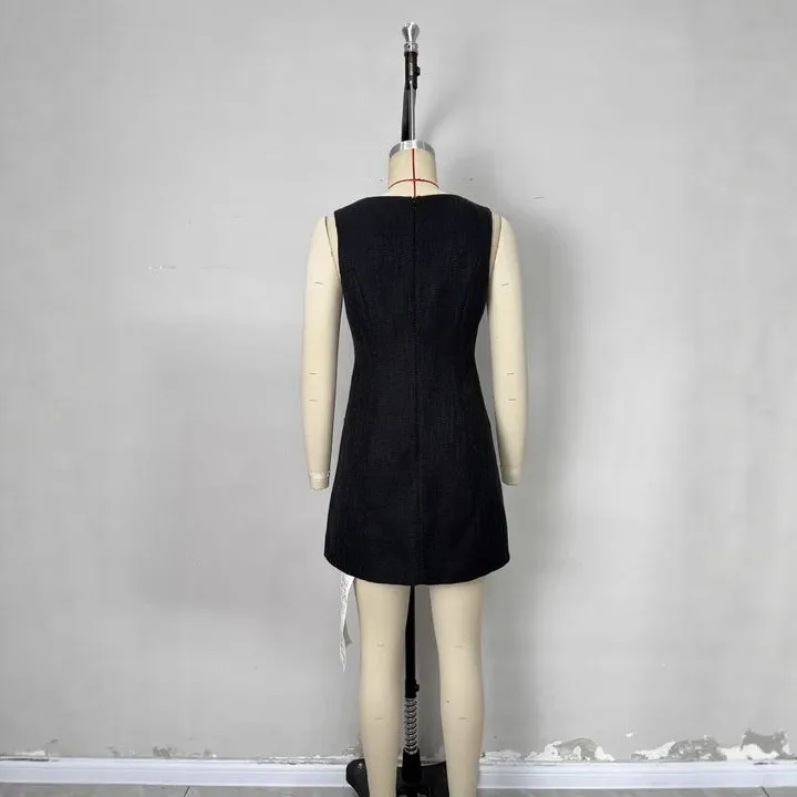 Summer Woman Dress Elegant Party Sleeveless Dresses Black Solid Tweed Mini Dress Gold Buttons High Waist A Line Structured Fit