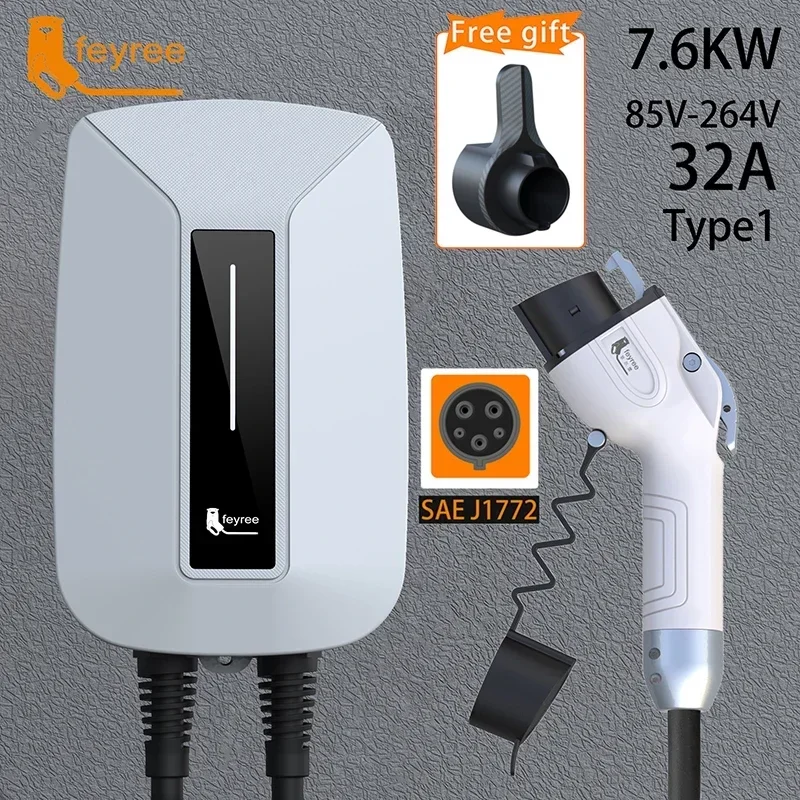 feyree EV Charger Type2 Cable EVSE Wallbox 32A 7KW IEC62196-2 Socket 1Phase 5m Cable Wallmount Charging Station for Electric Car