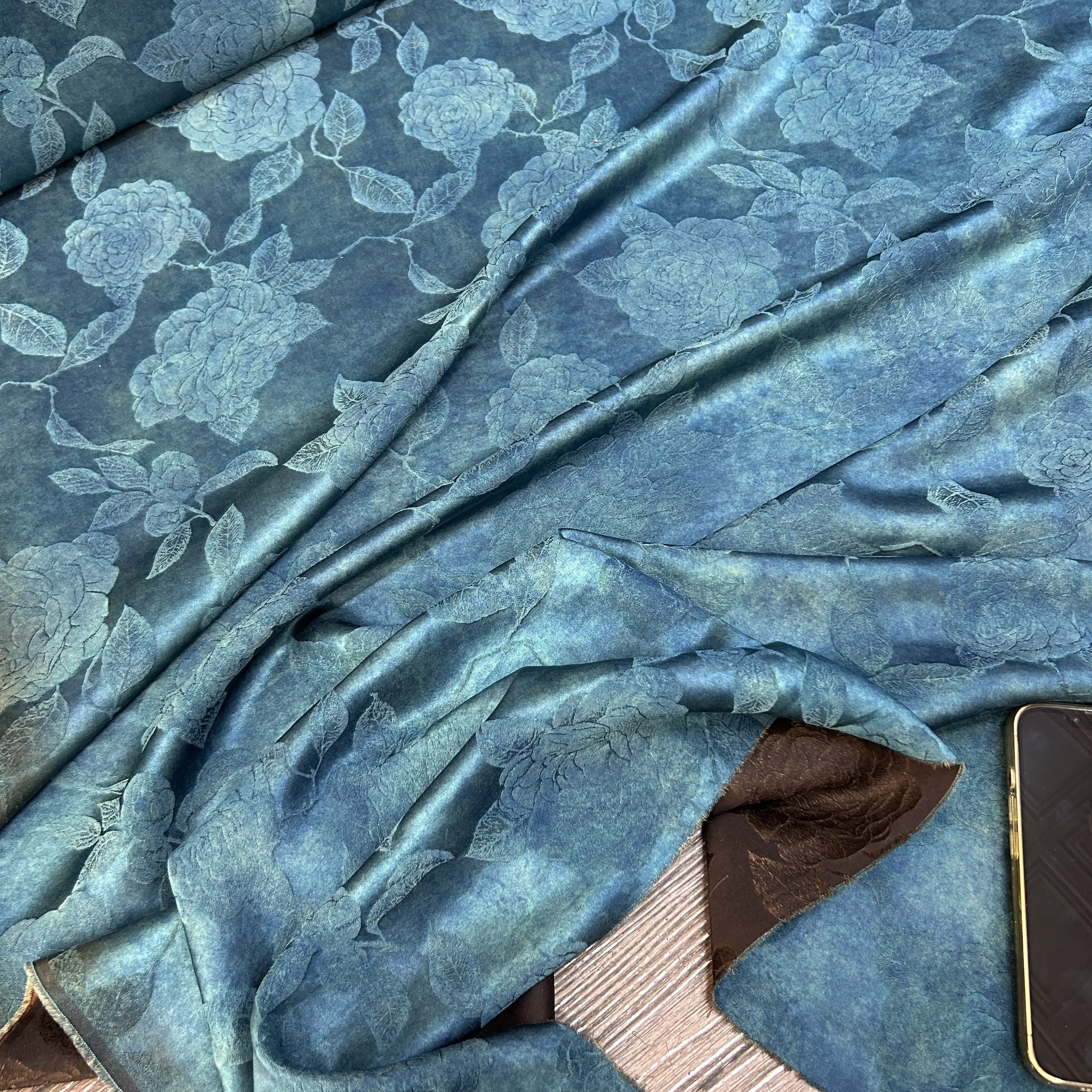 Silk Soteil Fragrant Cloud Yarn Fabric Lake Blue Dark Pattern Jacquard Peony Silk Coat Cheongsam Dress Cloth