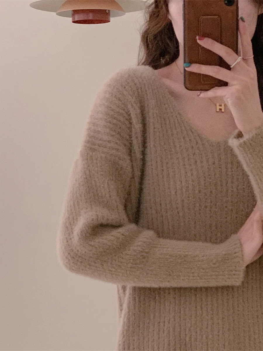 Ultraweicher V-Ne-Strickpullover aus Nerzsamt mit langem Haar, warm, gemütlich, für den Winter, für Damen, Faion, Freizeitkleidung, normale Passform, lang, Sve