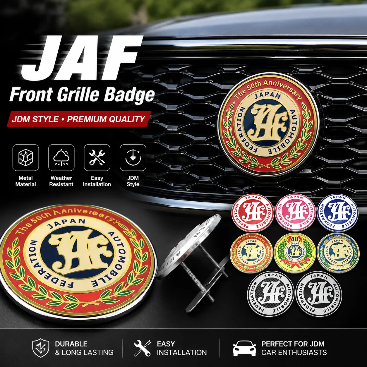 JAF Front Grill Badge Japan Automobile Federation Badge Sticker Emblem Decal JDM Car Accessories 20th 40th 50th Anniversary Logo