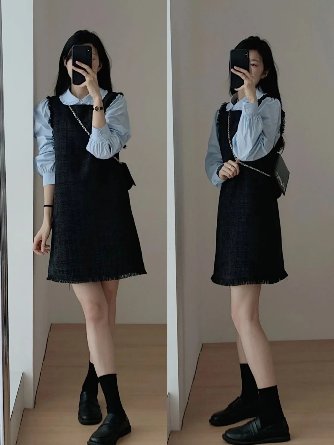 

Two-piece Suit Spring and Autumn New Square Collar Light Blue Shirt Knitted Dress Small Fragrant Wind Ageing Versatile