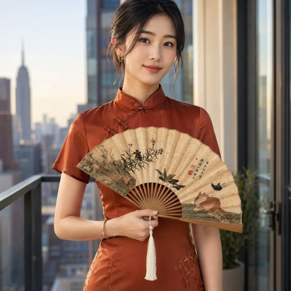 Silk Cloth Folding Hand Fan Double Sided Butterfly Cat Chinese-Style Shell Fan Shell-Shaped Decoration Retro Handheld Fan