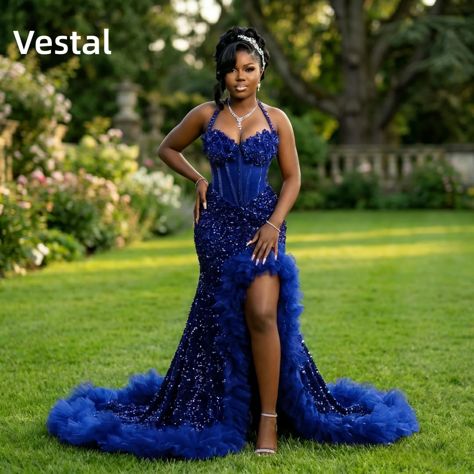 

Halter Neck Royal Blue Sequin Mermaid Prom Gown with 3D Floral Feather Details Formal Evening Dress Customized