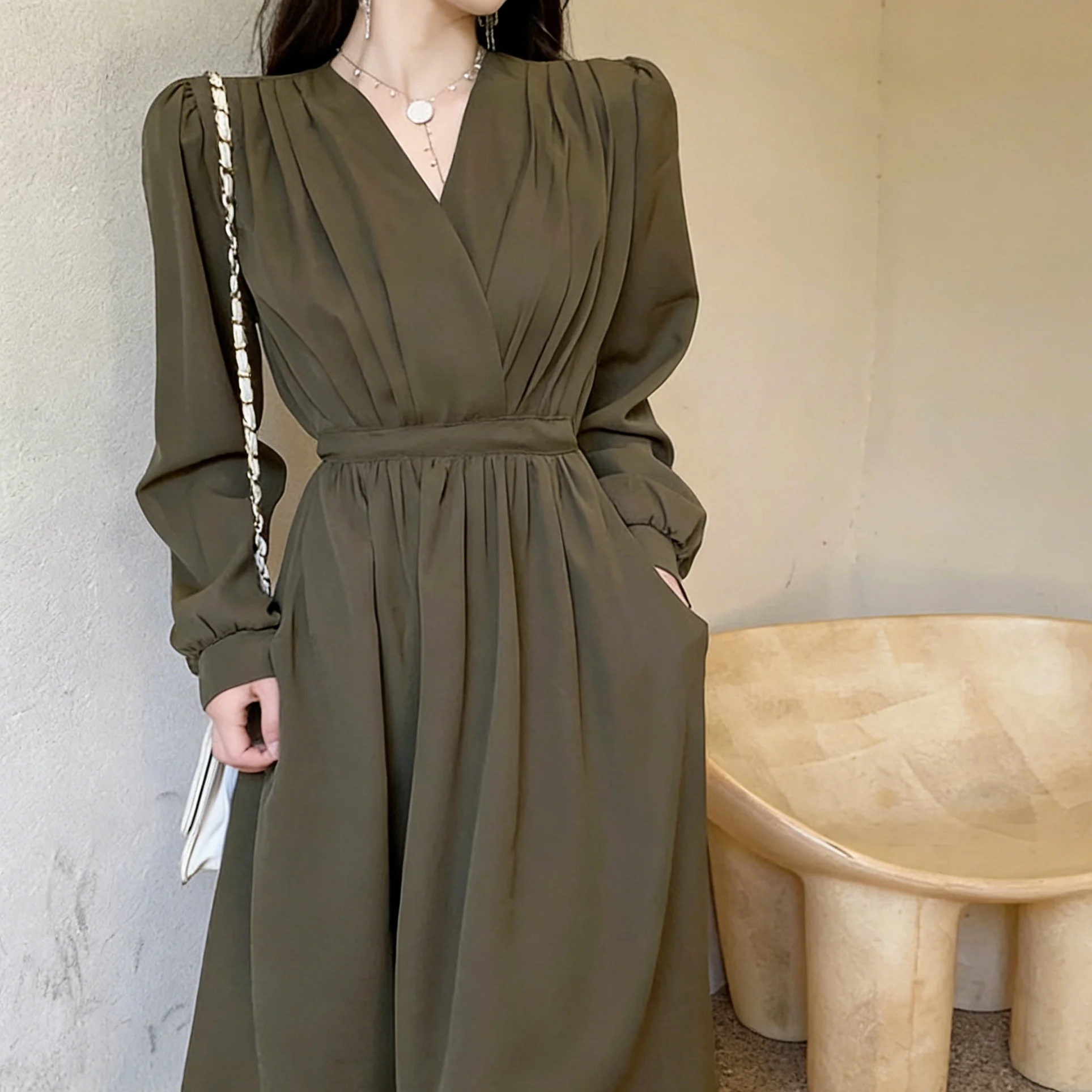 Women's V Neck Long Sleeve Waist Tie Midi Gown Solid A-Line Flowy Casual Elegant Office Daily Wear for Work&Date