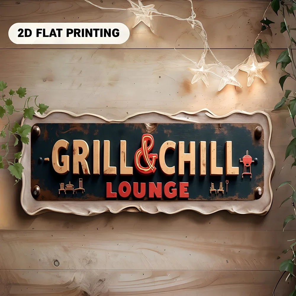 Tin Sign with Grill and Chill Lounge 2D Flat Print, Vintage Metal Wall Decoration, Rustic Distressed Black Plaque with Grill and Chair Design