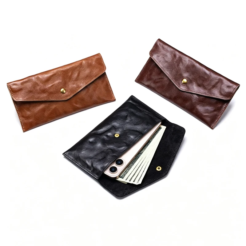 Lightweight Retro Men Envelope Clutch Bag, Men's Long Multi-functional Mobile Phone Bag Vegetable-tanned Cowhide Envelope Wallet