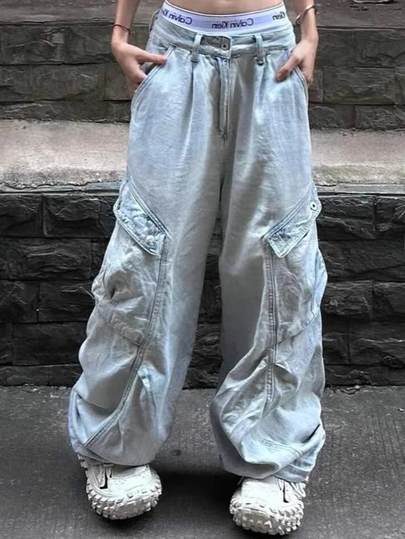 

Retro Y2K Millennium Style Women's Long Wide Leg Jeans Multi-Pocket Workwear Denim High Waist Vintage Look Floor-Length