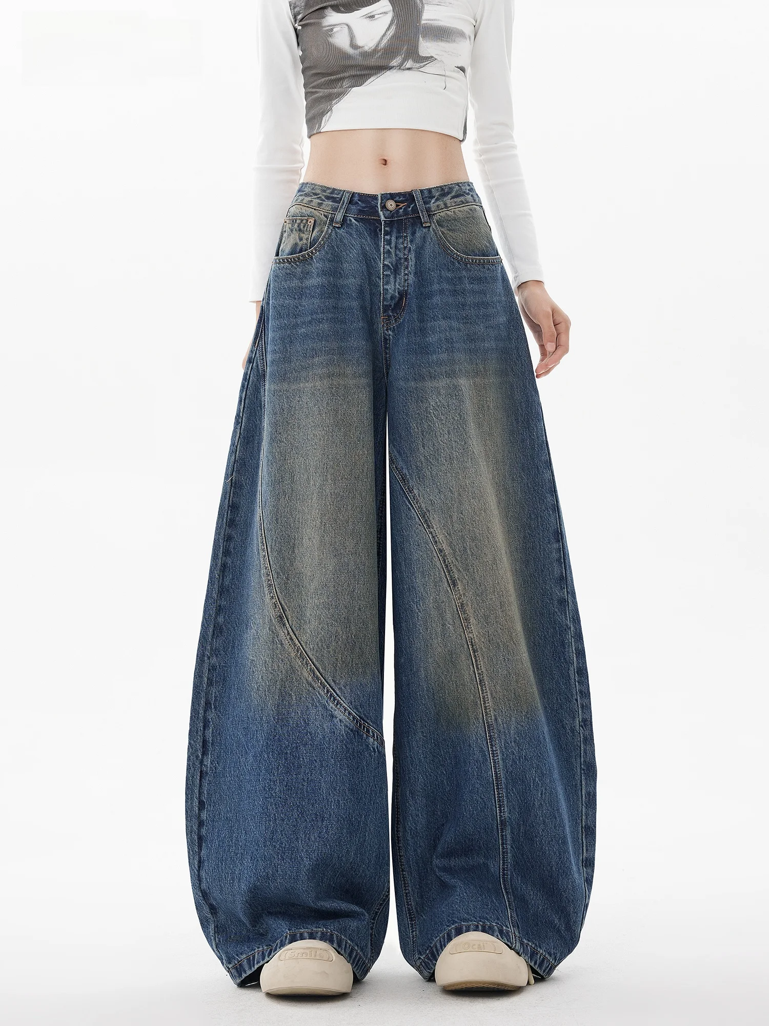

Womens High Waist Wide Leg Jeans Retro Waed Patchwork Floor Length Blue Cotton Denim Pants Street Sle Spring Collection