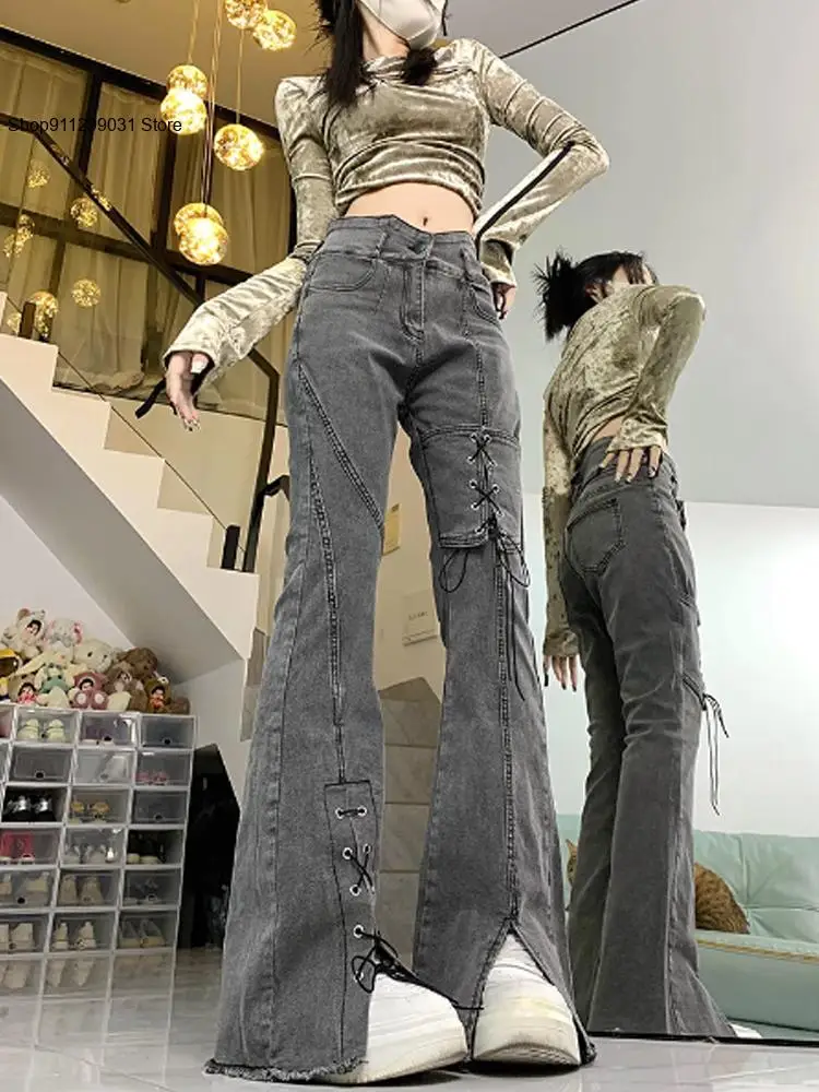 Spring and Autumn Korean High Waisted Niche Asymmetrical Lace Up Slit Slightly Flared Floor Length Jeans for Women