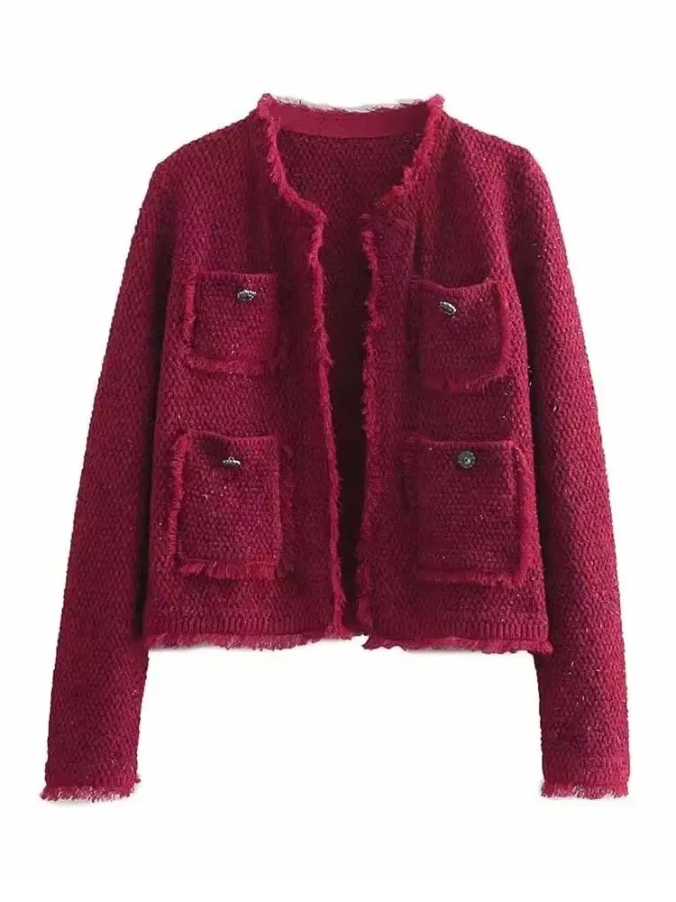 

HH Women's Spring New Fashion Round Neck Tweed Long Sleeve Sweater Female Elegant Pocket Decorated Knitted Cardigan Jacket Mujer