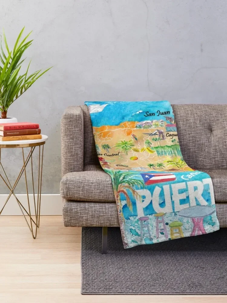 Puerto Rico Islands Illustrated Travel Map with Roads and Highlights Throw Blanket Heavy For Sofa Thin Blankets